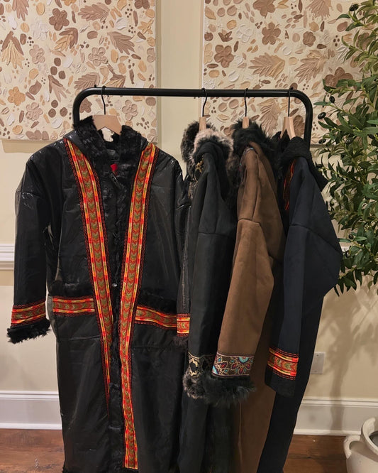 Women's Black Leather Khaleeji Farwa/Abaya with Embroidery and Hood - Warm Winter Coat