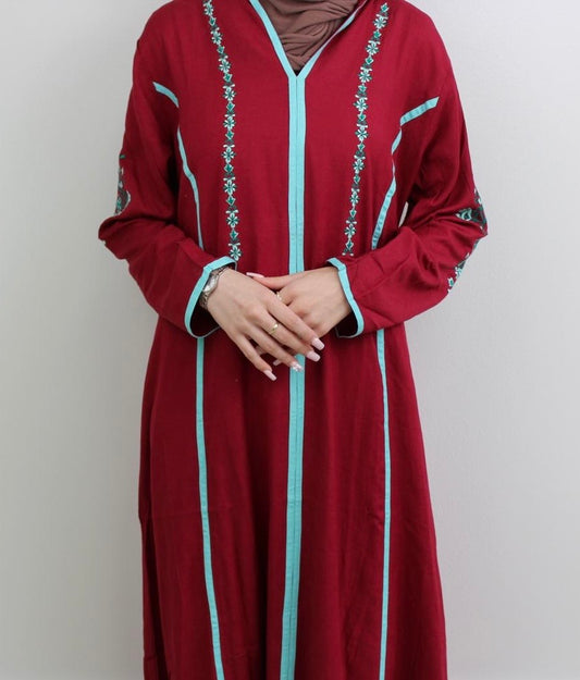 Women's Red Abaya with Tatreez