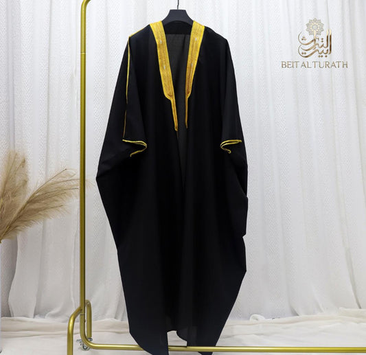 Traditional Arabic Men's Bisht – Luxury Gold-Trimmed Thobe Cloak