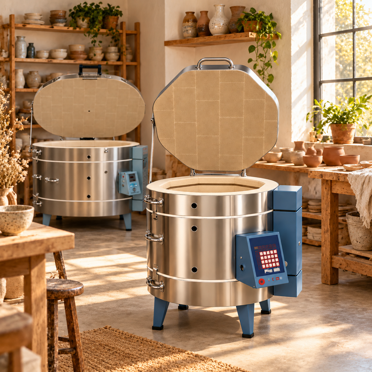 Olympic electric kilns in a warm pottery studio with handmade ceramics