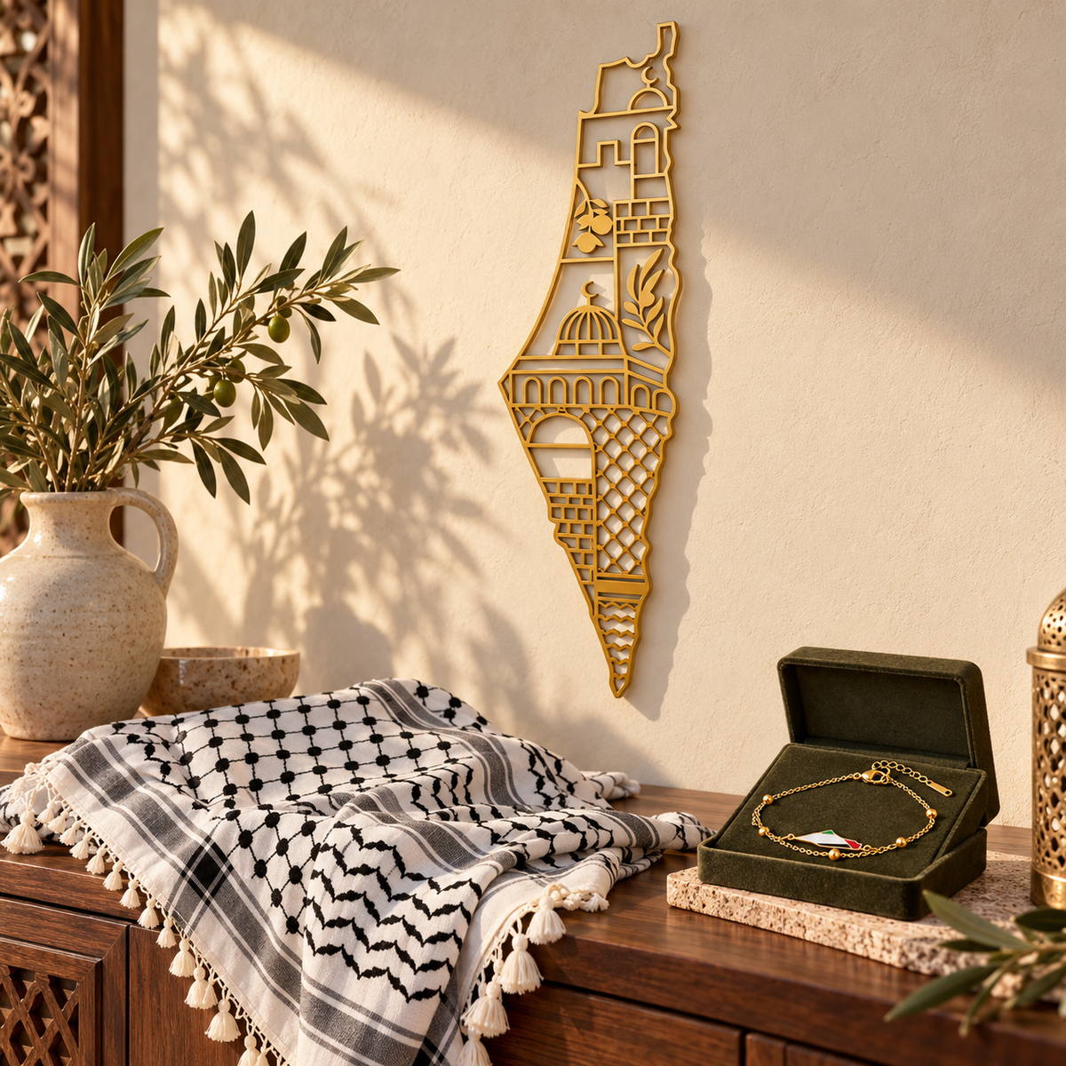 Palestine map decor, keffiyeh, and bracelet displayed in a warm home