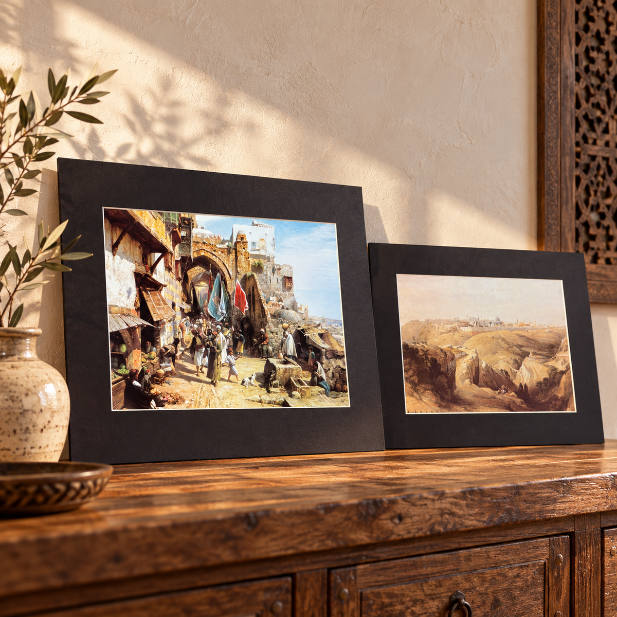Historic market and Jerusalem portrait prints displayed in a warm home gallery