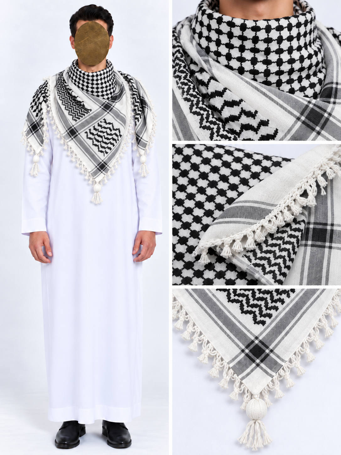 Black and white keffiyeh scarf worn over a thobe with fabric close-ups