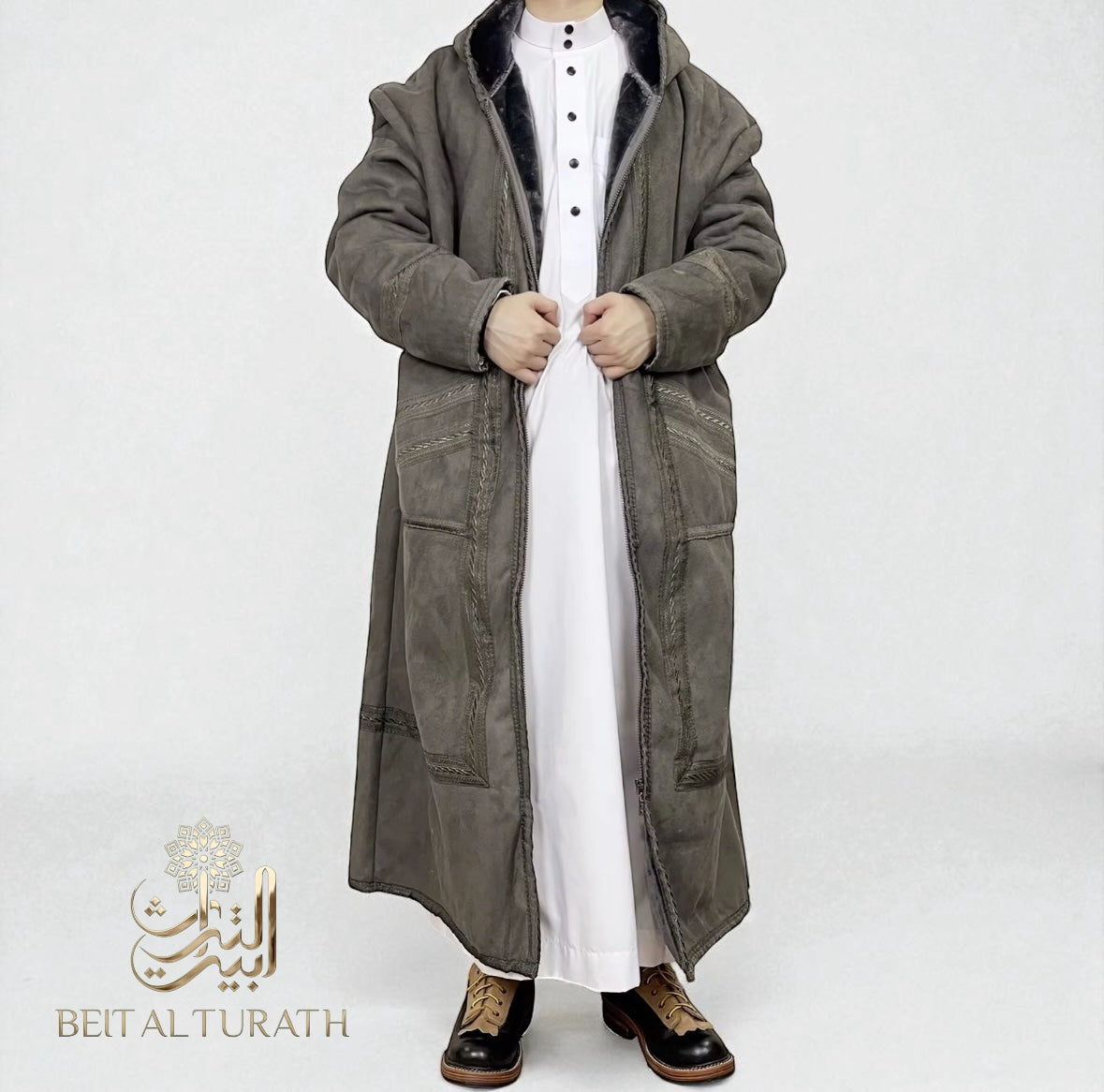 Gray Khaleeji Moroccan Farwa / Winter Coat with Hood
