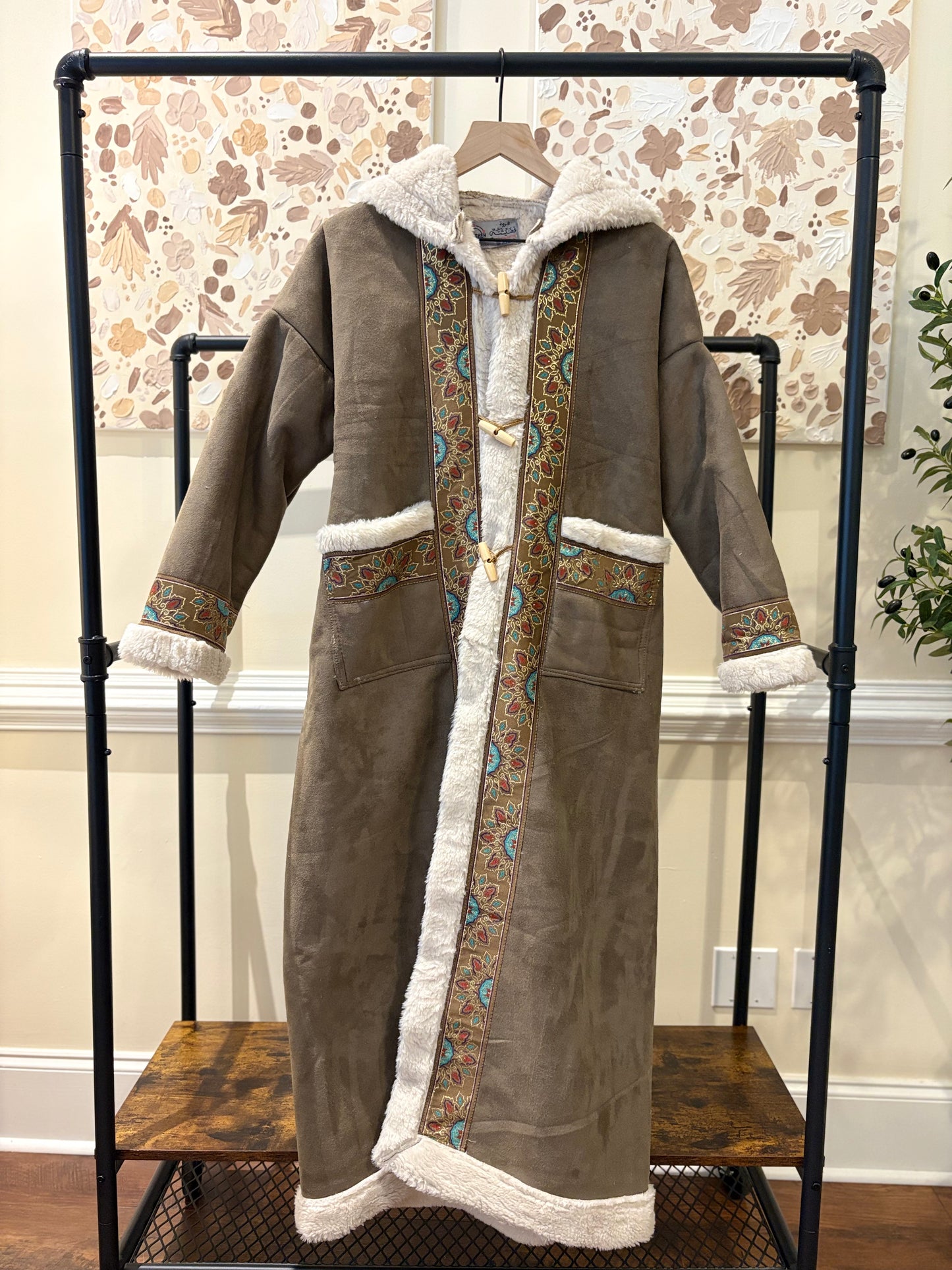 Women's Light Brown and White Khaleeji Farwa/Abaya with Hood - Warm Winter Coat