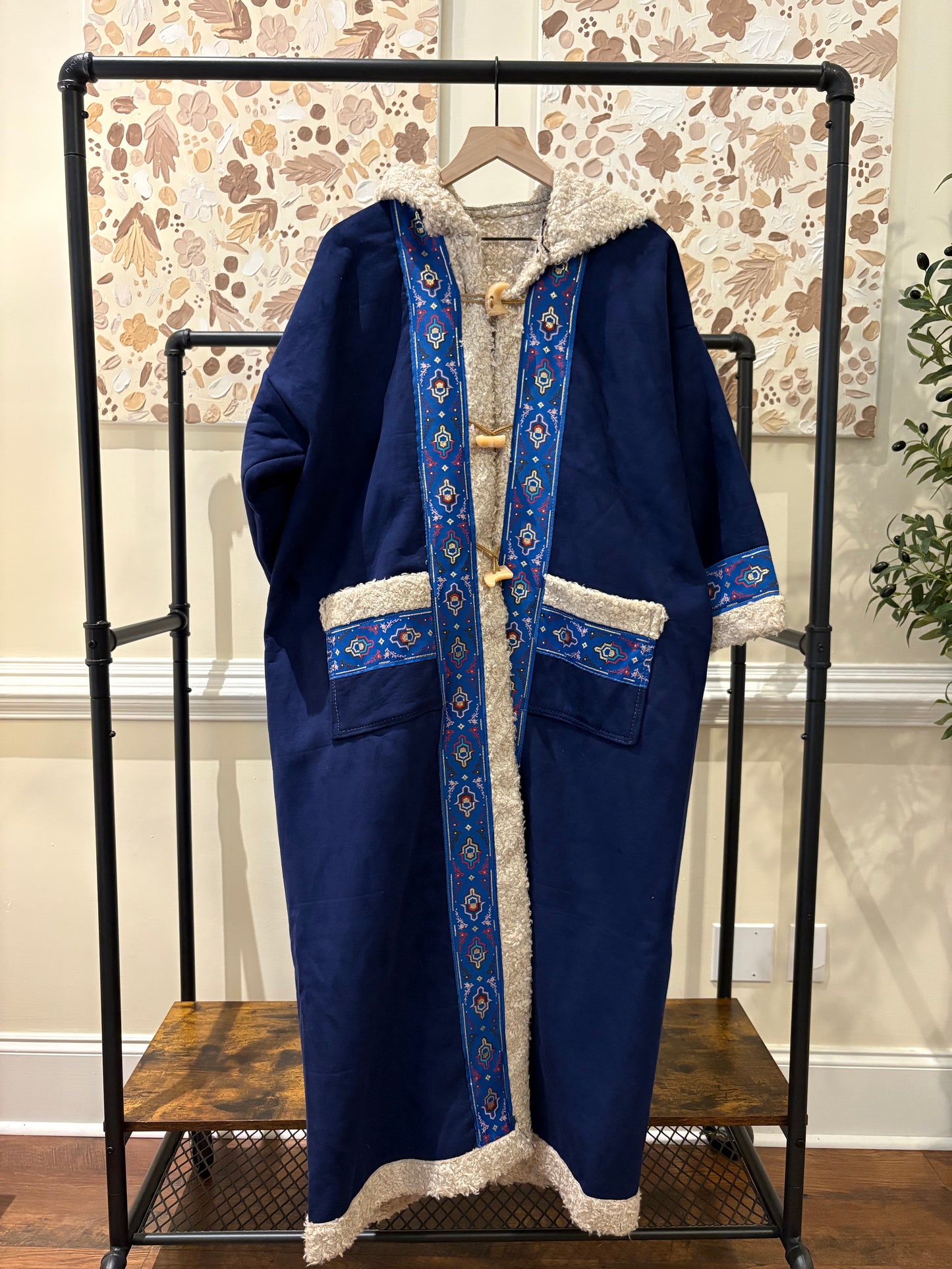 Women's Blue Khaleeji Farwa/Abaya with Embroidery and Hood - Warm Winter Coat