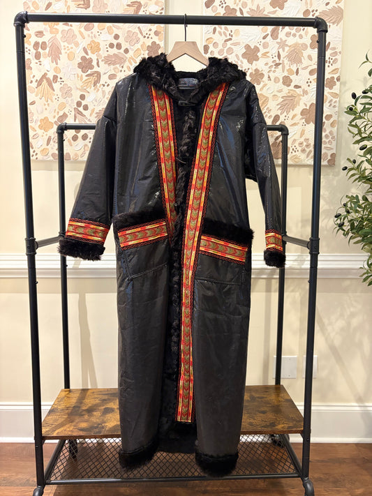 Women's Black Leather Khaleeji Farwa/Abaya with Embroidery and Hood - Warm Winter Coat