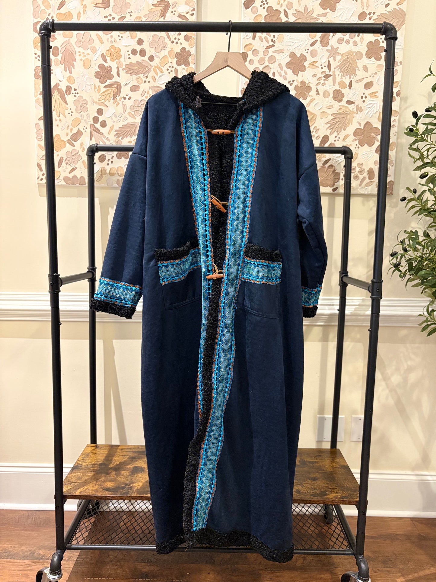 Women's Dark Blue Khaleeji Farwa/Abaya with Purple Embroidery and Hood - Warm Winter Coat