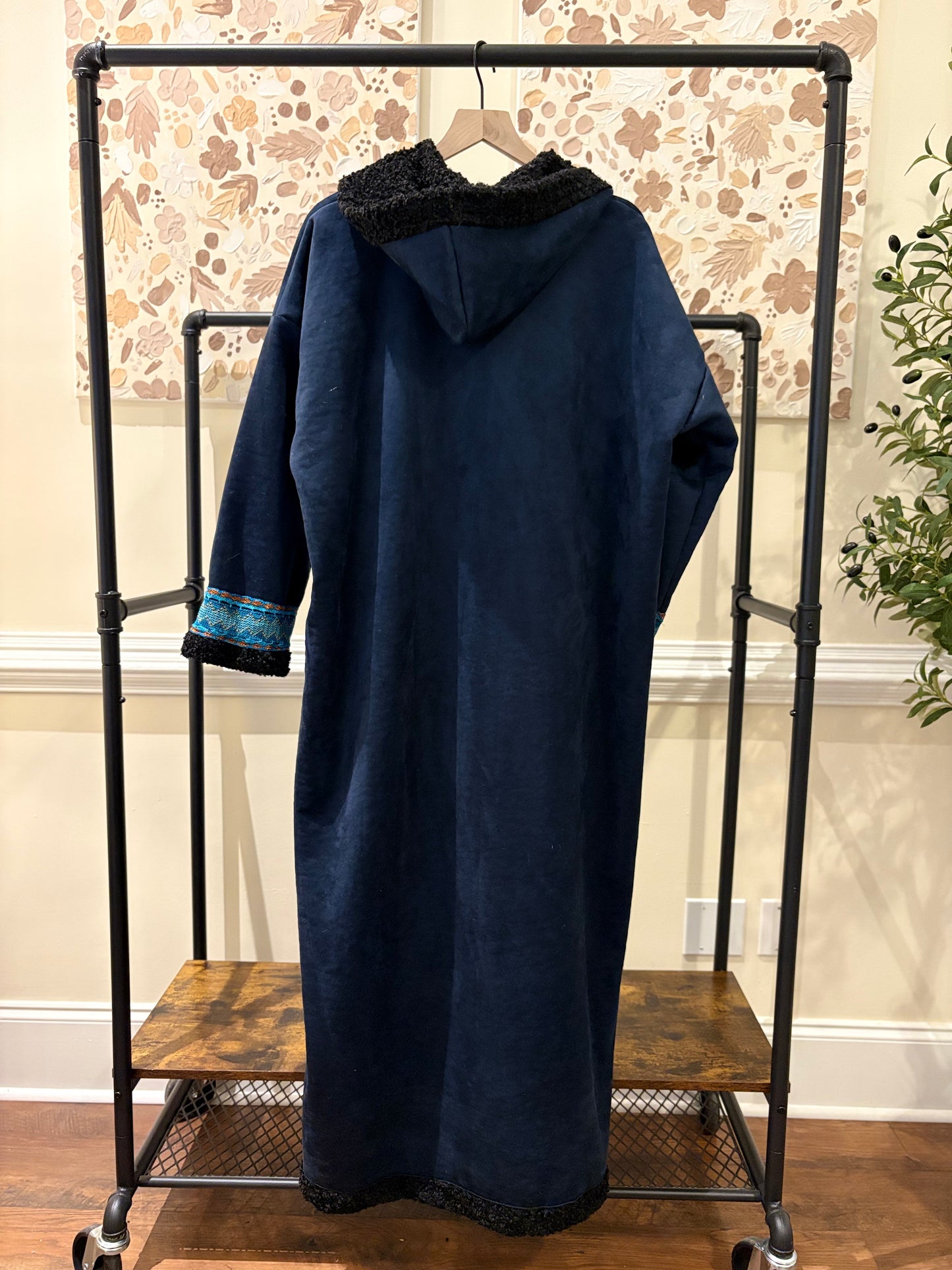 Women's Dark Blue Khaleeji Farwa/Abaya with Purple Embroidery and Hood - Warm Winter Coat