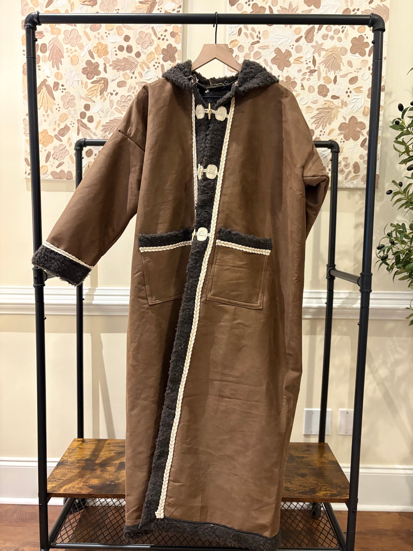 Women's Brown Khaleeji Farwa/Abaya with Purple Embroidery and Hood - Warm Winter Coat