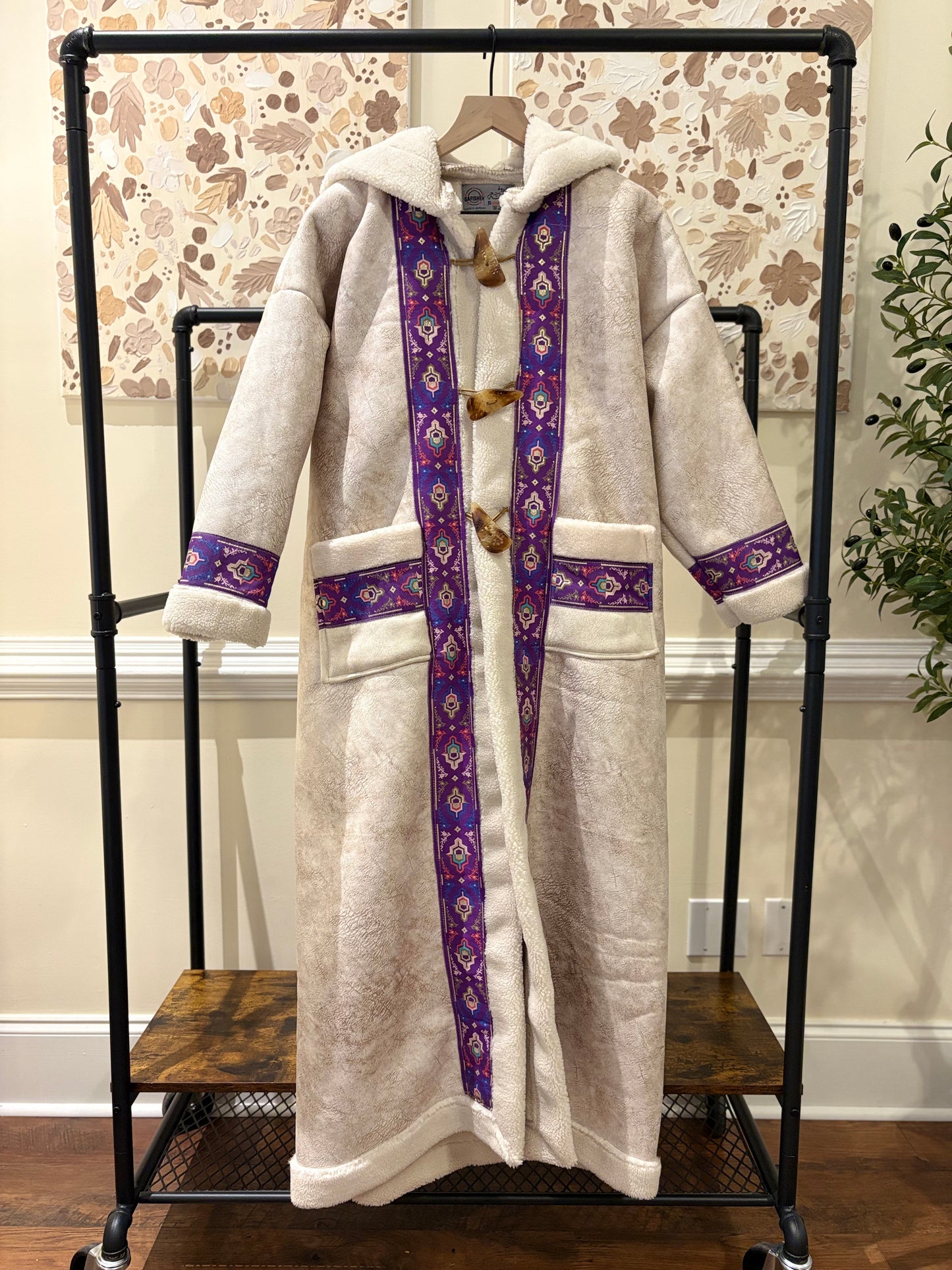 Women's White Khaleeji Farwa/Abaya with Purple Embroidery and Hood - Warm Winter Coat