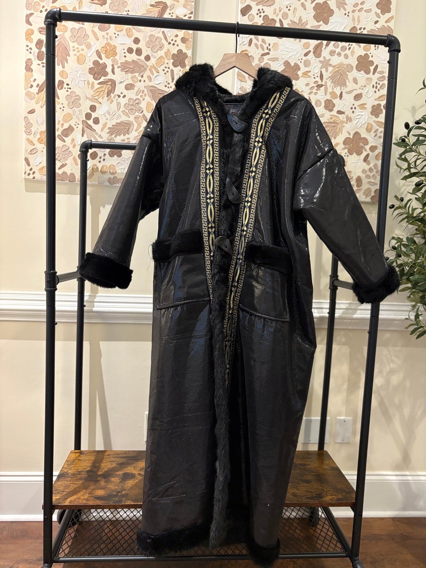 Women's Black Leather Embroidered Khaleeji Farwa/Abaya with Hood - Warm Winter Coat