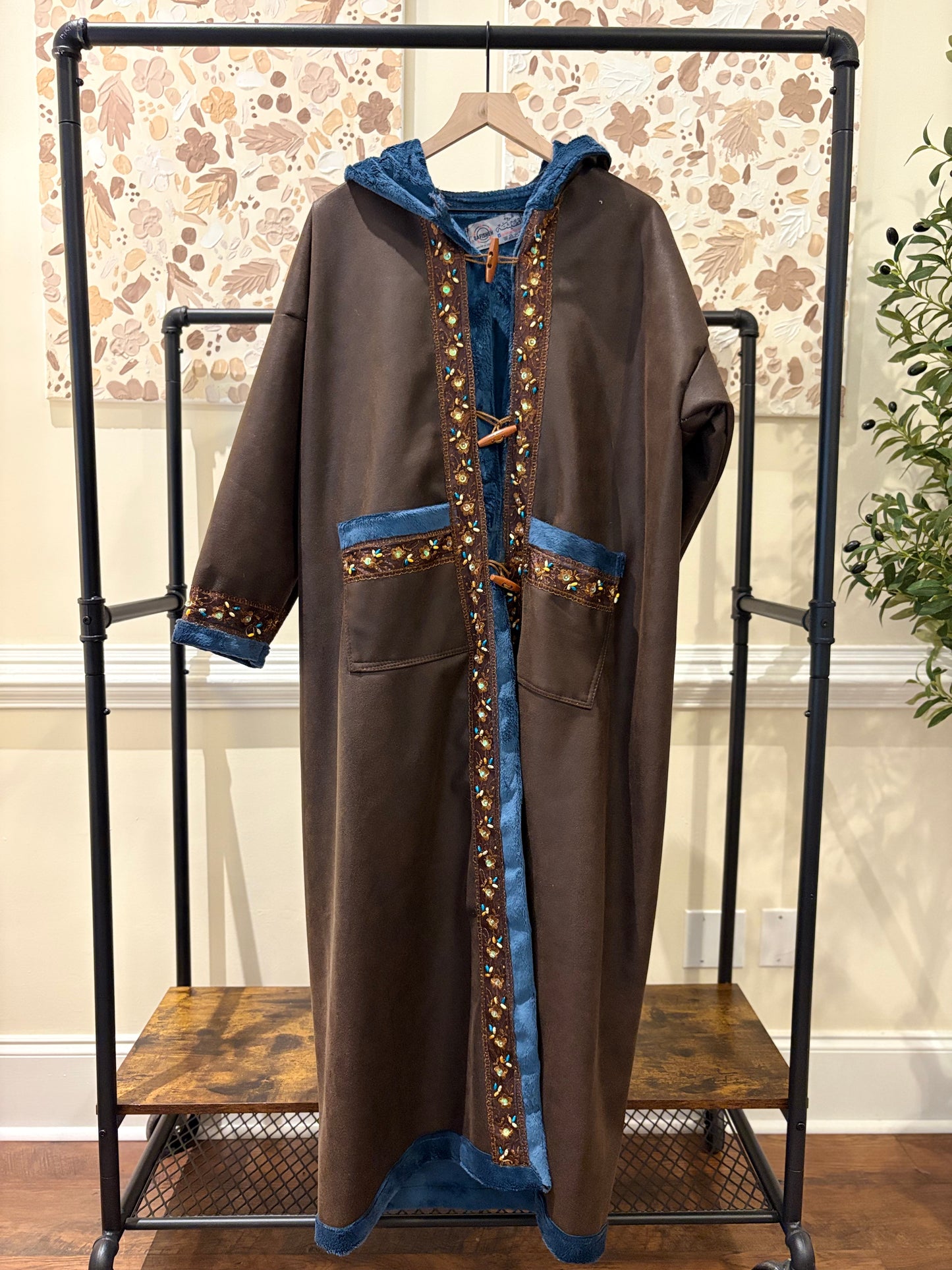 Women's Blue and Brown Khaleeji Farwa/Abaya with Hood - Warm Winter Coat