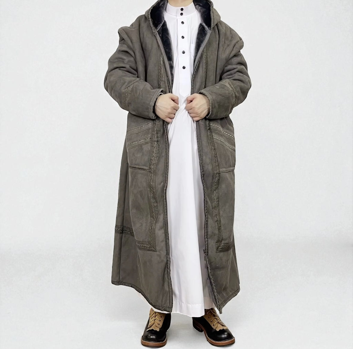 Gray Khaleeji Moroccan Farwa / Winter Coat with Hood – Beit al Turath