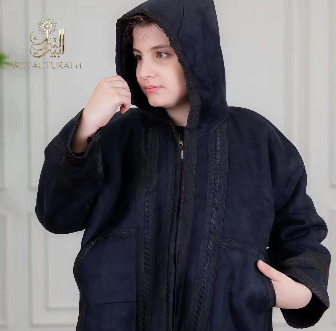 Beit Al Turath Kids' Suede Winter Farwa – Black Hooded Coat