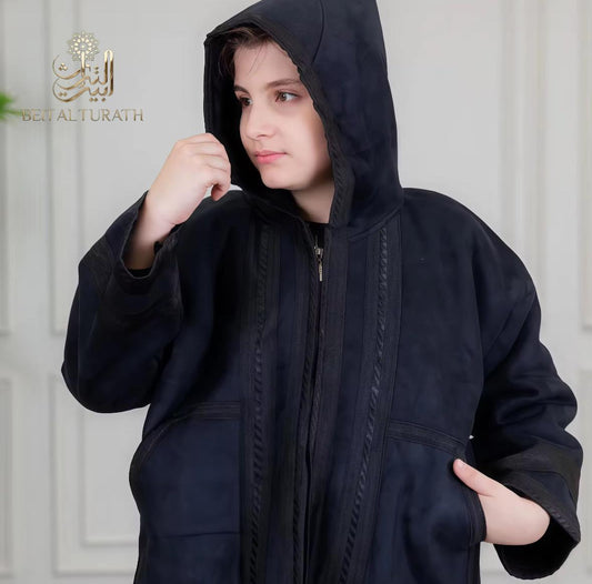 Beit Al Turath Kids' Suede Winter Farwa – Black Hooded Coat