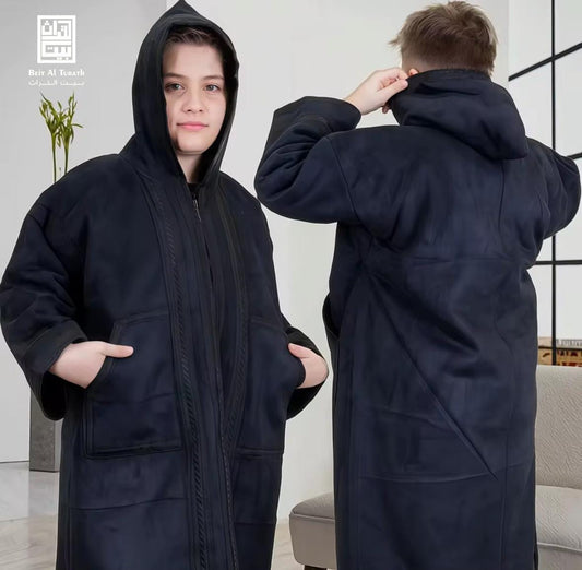 Beit Al Turath Kids' Suede Winter Farwa – Black Hooded Coat