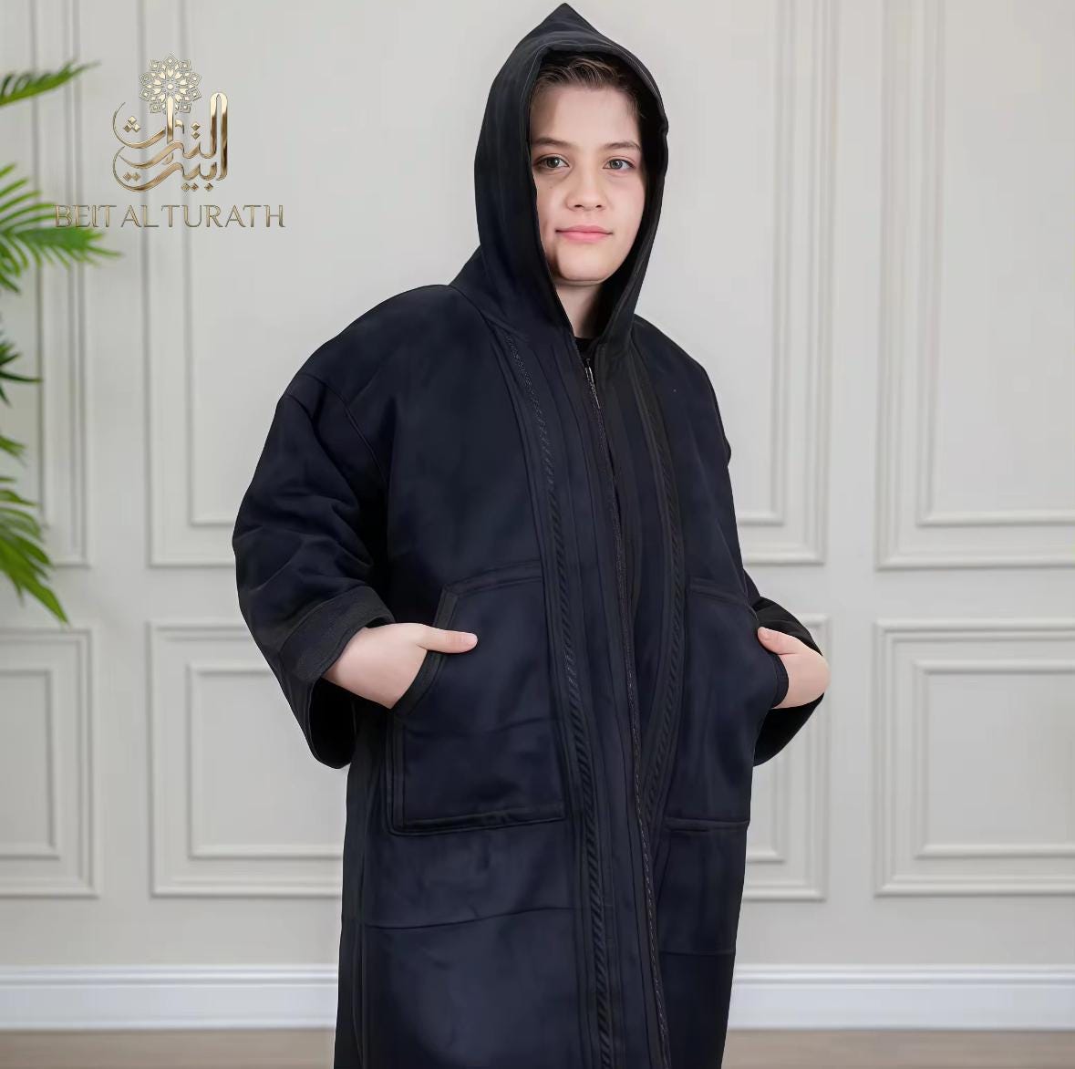 Beit Al Turath Kids' Suede Winter Farwa – Black Hooded Coat